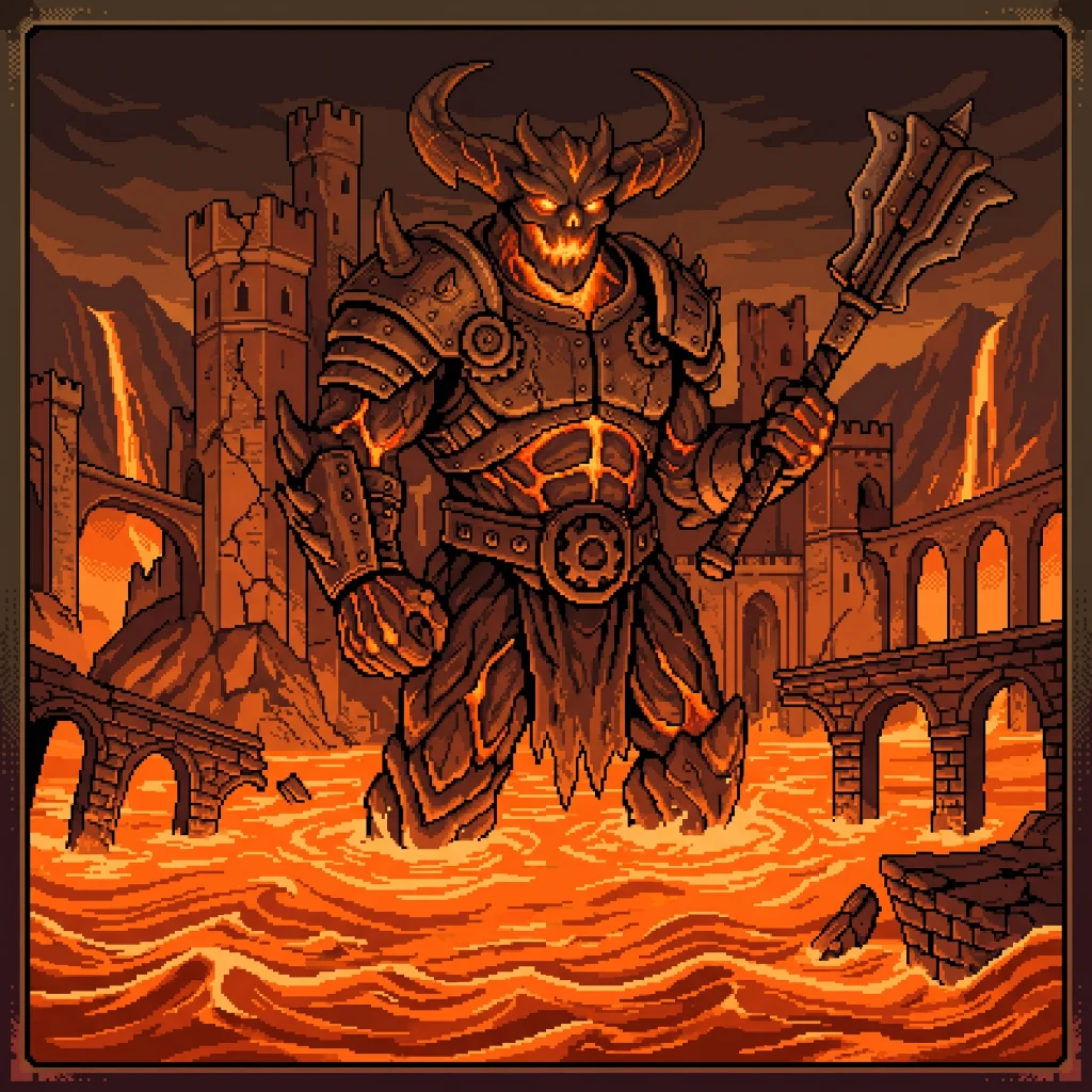 Chthon gate cover — a horned lava demon wading through molten rock