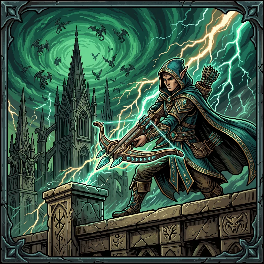 Corvus gate cover — an elven archer under a storm of green lightning