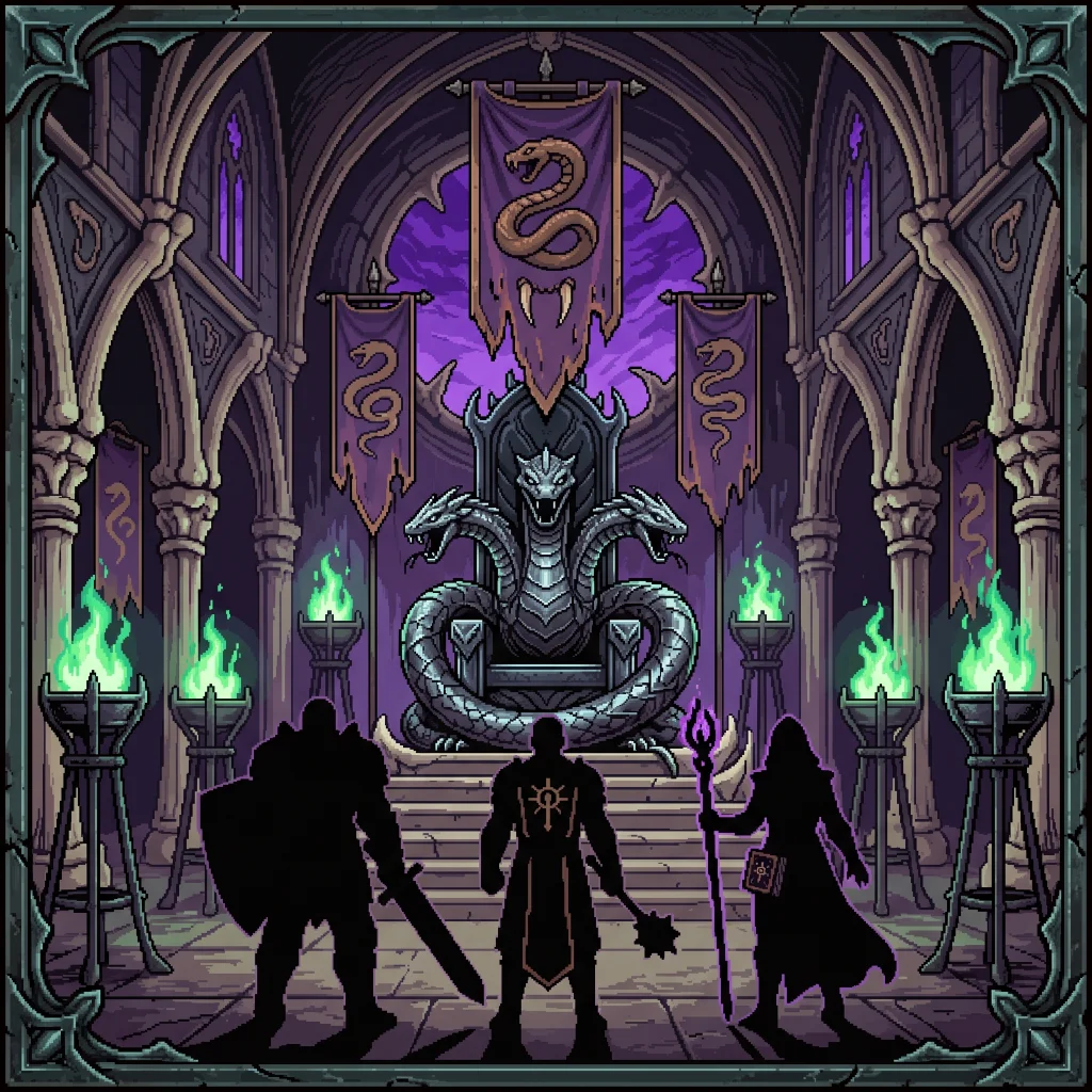 Korax gate cover — three silhouetted heroes before a serpent throne