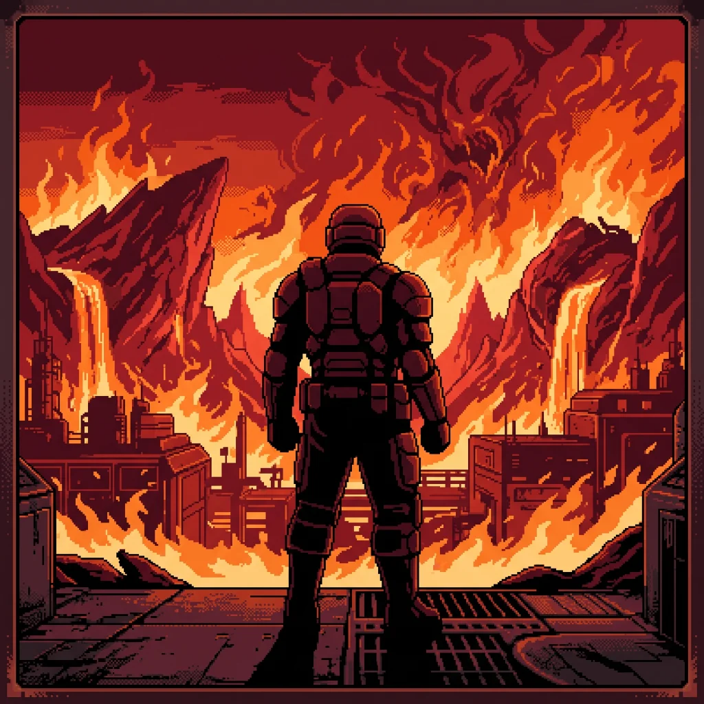 Mars gate cover — an armored marine facing a wall of fire